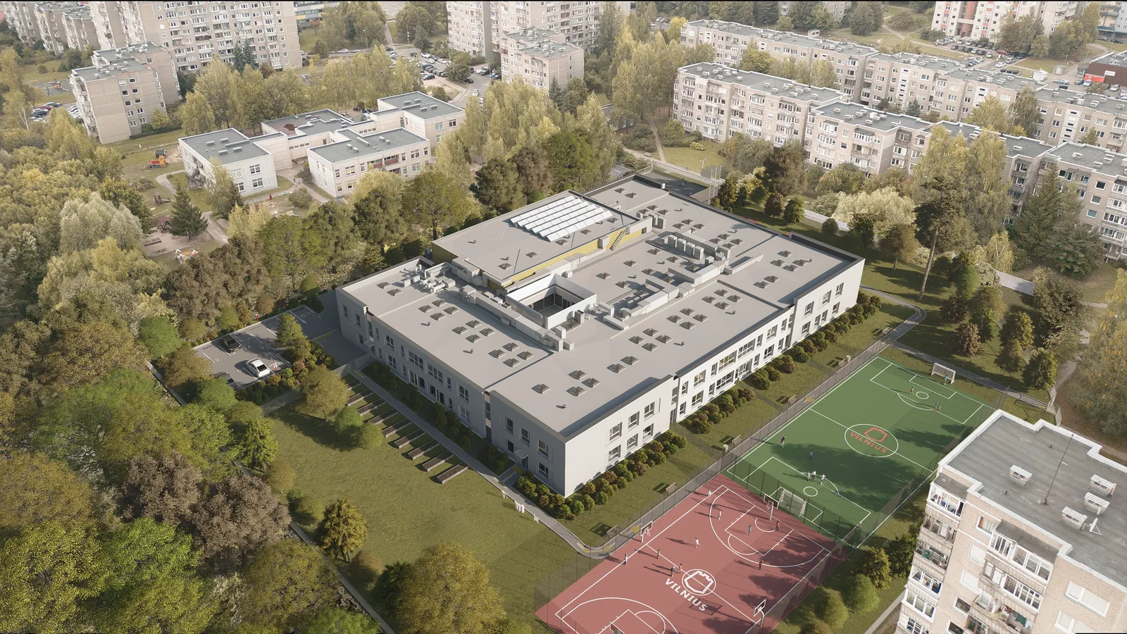 Nuotekų šalinimo tinklai; Riebalų atskirtuvas; Tvora; Nuotekų valykla; Vandentiekio tinklai; Aikštelė; Krepšinio aikštelė; Mokykla; Šilumos tinklai; Futbolo aikštelė (Nuotekų šalinimo tinklų; Kitos paskirties; Vandentiekio tinklų; Mokslo; Šilumos tinklų), Vilnius - vizualizacija 1
